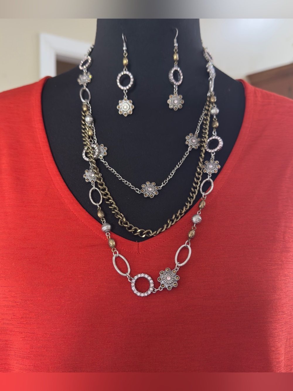 Shyanne Gold and Silver Multi-Strand Floral Necklace with Matching Earrings